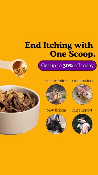 A high-performing 9:16 ad creative for dog supplements that highlights specific pet health issues and offers a clear, discount-driven solution.